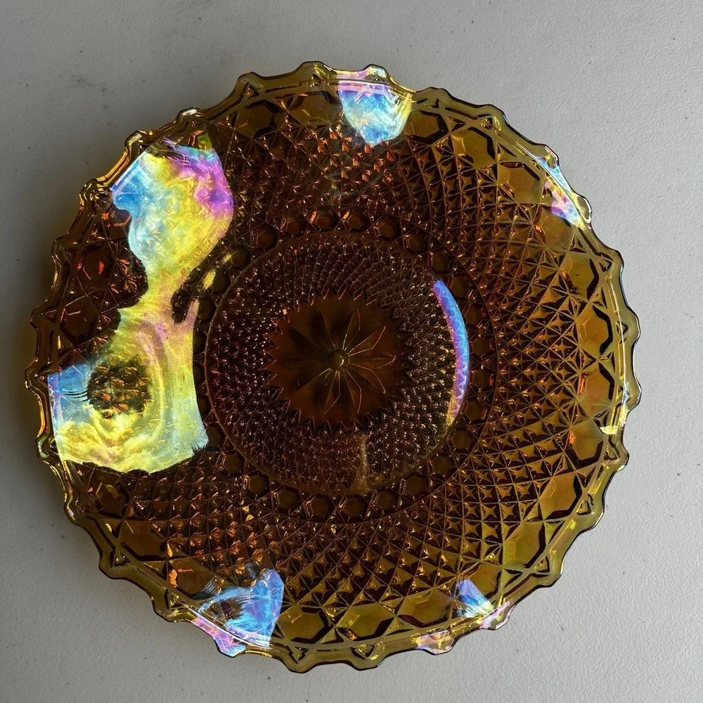 Vintage Indiana Glass Amber Carnival Plate Iridescent Diamond Point Starburst